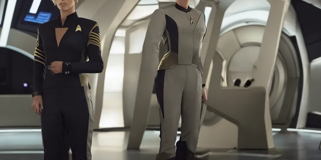 Prompt: Charlize Theron, in full starfleet uniform, is the captain of the starship Enterprise in the new Star Trek movie