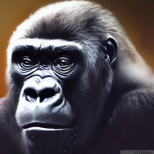 Prompt: a painting of a gorilla, greg rutkowski, cinematic lighting, hyper realistic painting