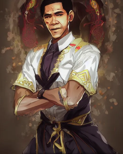 Prompt: an anime portrait of obama as a beautiful man wearing a filipino traditional barong tagalog from skyrim, by stanley artgerm lau, wlop, rossdraws, james jean, andrei riabovitchev, marc simonetti, and sakimichan, trending on artstation