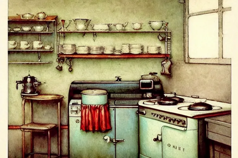 Image similar to ( ( ( ( ( 1 9 5 0 s retro kitchen interior scene. muted colors. ) ) ) ) ) by jean - baptiste monge!!!!!!!!!!!!!!!!!!!!!!!!!!!!!!