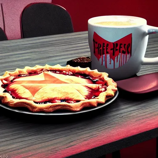 Prompt: detailed artstation style, symbolic style, surrealist style, a black coffee and a cherry pie on a table in a twin peaks cafe