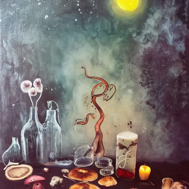 Prompt: sensual female painting, yoga, pancakes, camp fire, river, tattoo, midnight, dark, black background, wet, moonlight, berries, octopus, surgical supplies, mushrooms, plants with roots in scientific glassware, fungus, candle dripping white wax, berry juice drips, neoexpressionism, surrealism, acrylic and spray paint and oilstick on canvas