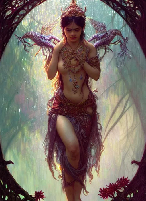 Image similar to kuntilanak on tree, d & d, wet, shiny, fantasy, intricate, elegant, higly detailed, dramatically art, ultra definition, digital painting, artstation, concept art, smooth, sharp focus, illustration, art by artgerm and greg rutkowski and alphonse mucha and garis edelweiss and alex flores