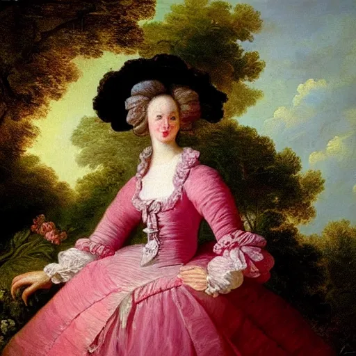 Image similar to “ fragonard oil painting, woman in garden in pink dress and hat, 1 7 0 0 s ”