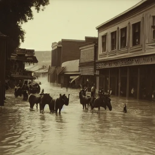 Prompt: flood on Wild West town, crowd cowboy at high noon, 1890 hyperrealistic