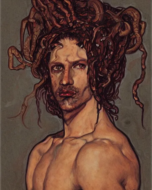 Image similar to portrait of male medusa by greg rutkowski in the style of egon schiele