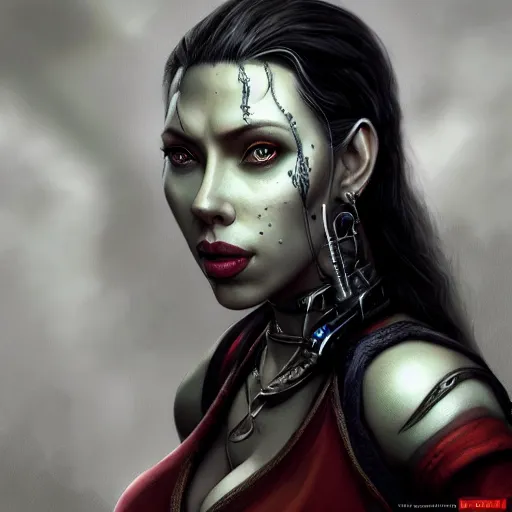 Prompt: Ultrarealistic illustration scarlet johansson as garona halforcen, warcraft, portrait, beautiful, cyberpunk, sci-fi fantasy,intricate,elegant,highly detailed, digital painting, artstation, concept art,