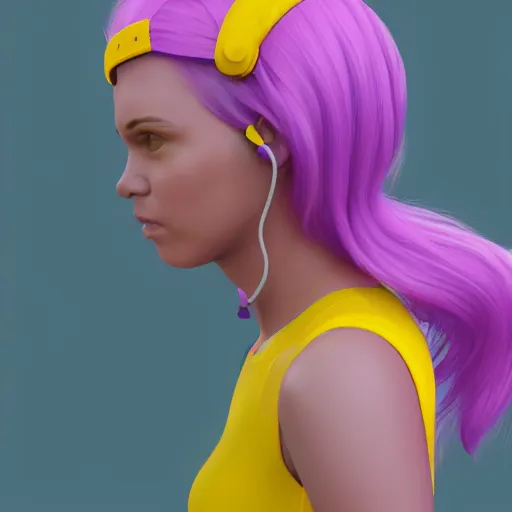 Prompt: girl in yellow headphones with purple hair, concept art, character, artstation, render 3D,