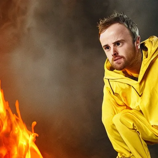 Prompt: jesse pinkman eating a banana submerged in lava