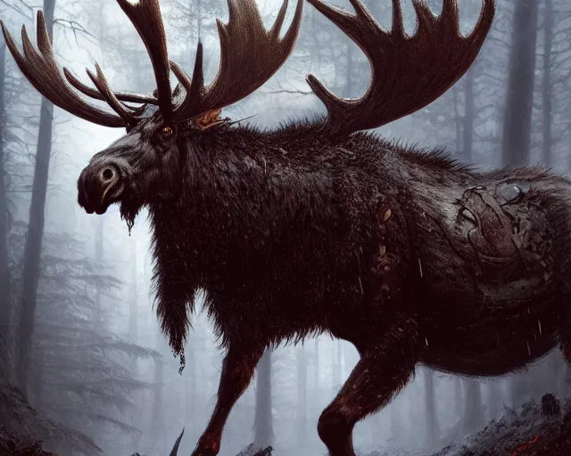 Image similar to 5 5 mm portrait photo of an armored demonic undead rotting moose with red eyes antlers and looking at the camera, in a magical forest. magical atmosphere. art by greg rutkowski and luis royo. highly detailed 8 k. intricate. lifelike. soft light. nikon d 8 5 0.