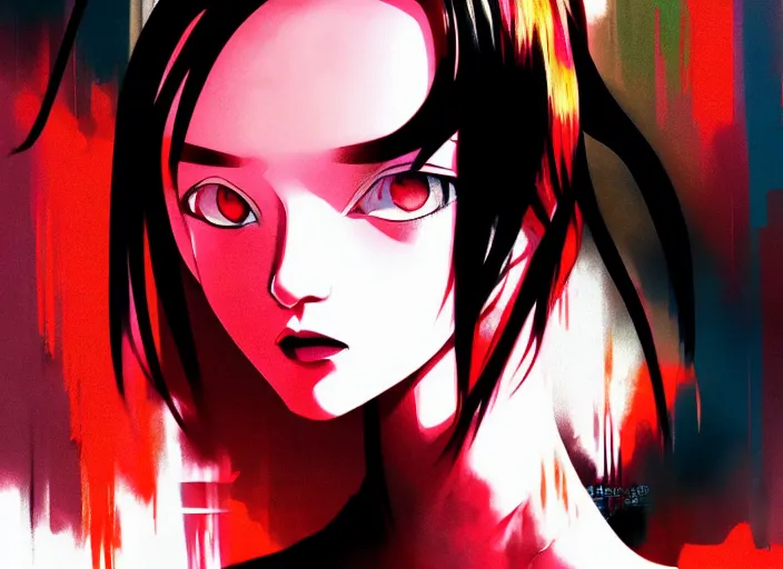 Image similar to editorial illustration by Karolis Strautniekas and Mads Berg, colorful, anime portrait vampire princess miyu, katsuhiro otomo, manga, Ilya kuvshinov,fine texture, manga shading, fine details, matte colors, film noir, dramatic lighting, dynamic composition, moody, vivid, volumetric,Narumi Kakinouchi