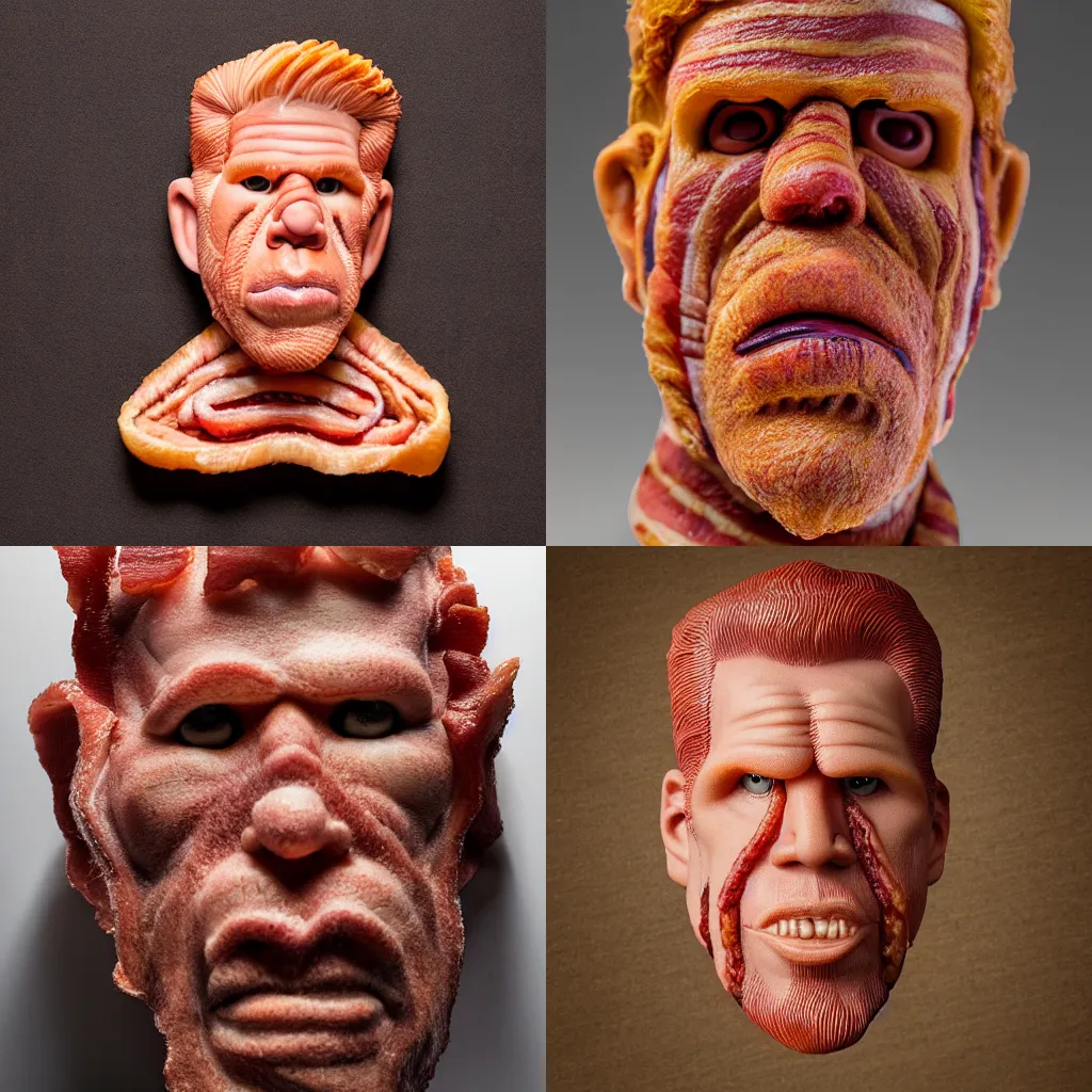 Prompt: sculpt of ron perlman made of bacon, photo, medium shot, high quality, 4 k,