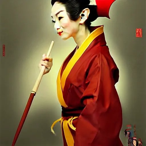 Prompt: Greg Manchess portrait painting of elf geisha in japanese robes as Overwatch character, wacky, medium shot, asymmetrical, profile picture, Organic Painting, sunny day, Matte Painting, bold shapes, hard edges, street art, trending on artstation, by Huang Guangjian and Gil Elvgren and Sachin Teng