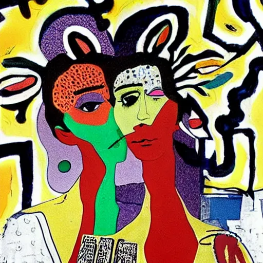 Image similar to beautiful painting of two bizarre psychedelic women kissing each other closeup in japan, speculative evolution, mixed media collage by basquiat and junji ito, magazine collage art, paper collage art, sapphic art, lesbian art