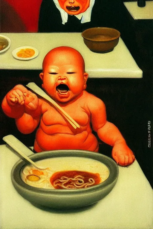 Image similar to evil and angry human giant baby eating a huge bowl of ramen in new york city, traditional chinese restaurant, hauntingly surreal, highly detailed painting by francis bacon, edward hopper, adrian ghenie, gerhard richter, and james jean soft light 4 k,