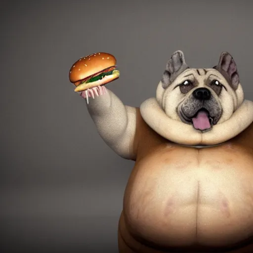 Image similar to An obese dog holding a hamburger, sitting on a grimy, dirty couch, trending on artstation, 4k, 8k, artstation 3d, artstation render, artstation 3d render, 3d art, unreal engine 3d, octane 3d, blender 3d, 3d landscape