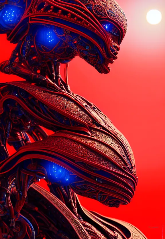 Image similar to ultra realist intricate detailed painting of a single attractive alien female, red sky, red and blue lighting, full body, curvy, black scales and cyborg tech, symmetry accurate features, very intricate details, focus, 8k render, artstyle Hiraku Tanaka, award winning