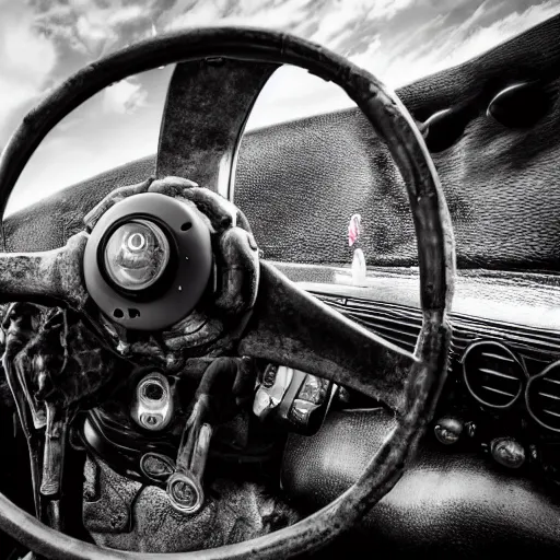 Image similar to deathclaw, monster - behind - the - wheel, monster inside the car, wide lens, 2 4 mm
