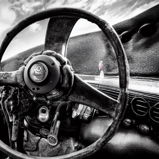 Prompt: deathclaw, monster - behind - the - wheel, monster inside the car, wide lens, 2 4 mm