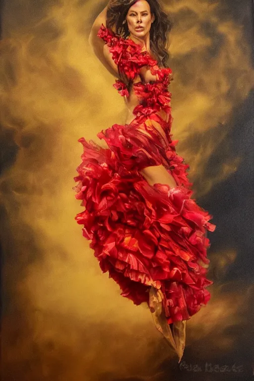 Image similar to detailed oil painting of kate beckinsale as spanish flamenco dancer wearing a red dress made of flowers, engulfed in flames, she's standing waist deep in water, dimly lit, looking away, dark shadows, ethereal, foggy, moody, surreal, high definition, 4 k, slr