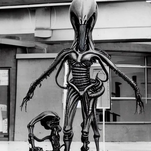 Image similar to a giant hr giger xenomorph alien queen standing on a busy walmart parking space in broad daylight. there are smashed cars