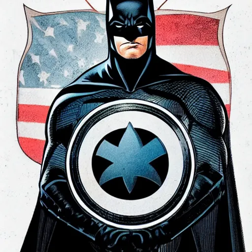 Prompt: high quality art of batman with captain's america shield in his hand