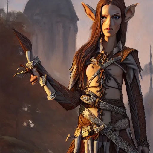 Image similar to Androgynous wood elf, leather tunic, bone nose ring, holding bone dagger. Exterior city scene, middle ages, evening sunlight. Professional oil painting, high fantasy, detailed, 8k