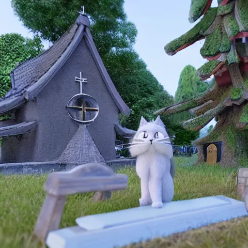 Image similar to claymation of a fluffy grey cat pointing it's paw at a priest in front of a white stave church by studio ghibli fantastic realism ultra - wide angle lens, early morning - - ar 4 : 3