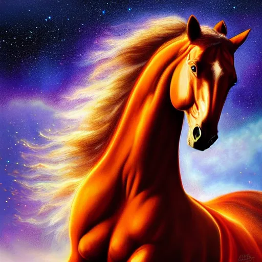 Image similar to A Fire horse , an oil painting , Digital art, concept art, highly detailed, by Mark Brooks, 3-D 8K, amazing nebula background, unreal engine,