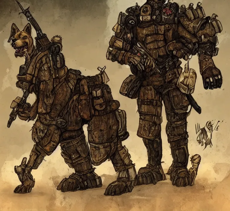 Prompt: a good ol'hound dog fursona ( from the furry fandom ), heavily armed and armored facing down armageddon in a dark and gritty version from the makers of mad max : fury road. witness me.