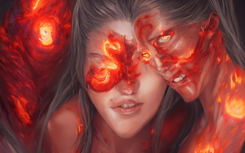 Image similar to A realistic anime portrait of a beautiful fire spirit twins with glowing red eyes and firey skin wearing clothes made of flames, digital painting, by Stanley Artgerm Lau, Sakimichan, WLOP and Rossdraws, digtial painting, trending on ArtStation, SFW version