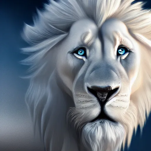 Prompt: Winged Majestic White Lion in the style of Anna Lakisova, blue-eyes, Digital Art, Matte painting, volumetric lighting, 4k res