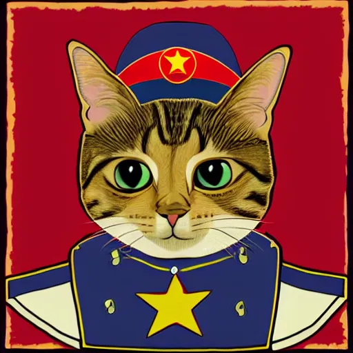 Prompt: digital art of a cat wearing a communist uniform