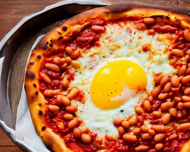 Image similar to dslr food photograph of a mouthwatering new york pizza with baked beans and egg on, 8 5 mm f 1. 4