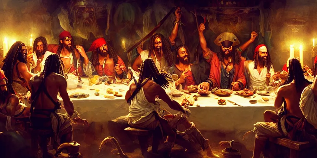 Image similar to pirate of the carribean last supper by greg rutkowski, digital painting, trending on artstation, sharp focus, 4 k