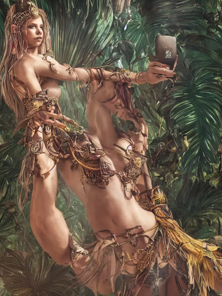 Prompt: portrait of nata lee as a beautiful warrior goddess in a tropical courtyard holding an iphone, decolletage, confident pose, coherent, insane detail, concept art, character concept, cinematic lighting, global illumination radiating a glowing aura