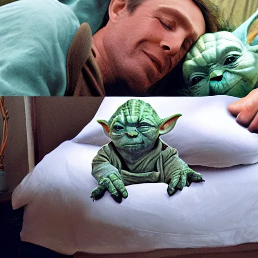 Image similar to yoda and putin sleeping in bed together