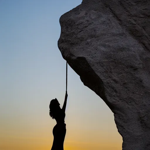 Prompt: a detailed colossal magnificent stone sculpture carved from the top of a massive mountain of an elegant woman lying flat on the ground with one hand raised to the sky, fine detail, sunrise on the horizon in the background, stone hand raised up, 8 k, in an art nuova style