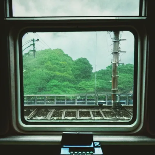 Image similar to girl look at train window, rainy day, anime, japan, ghibli, 9 0 s, retro style, aesthetic, chill, room