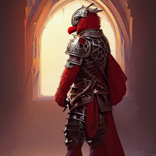 Image similar to Elmo dressed as a knight, D&D, fantasy, intricate, elegant, highly detailed, digital painting, artstation, concept art, matte, sharp focus, illustration, art by Artgerm and Greg Rutkowski and Alphonse Mucha