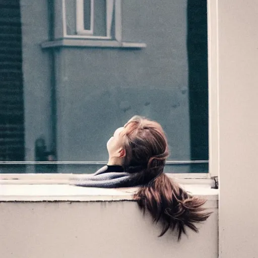 Image similar to a woman sitting on a window sill looking forward out the window, face in hands, grey sweater, a stock photo by chen jiru, tumblr, aestheticism, movie still, pretty, pixiv