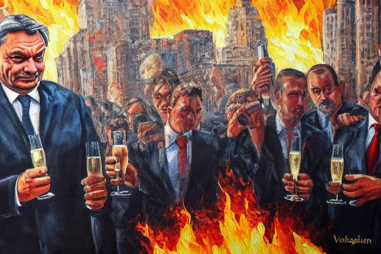 Image similar to viktor orban drinking champagne in front a burning city, highly detailed eyes, oil painting