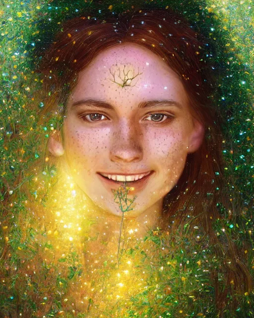 Image similar to a young woman, smiling, amazed by the lights of golden fireflies, sitting in the midst of nature fully covered, long loose red hair, intricate linework, dreamy green eyes, small nose with freckles, oval shape face, realistic, expressive emotions, dramatic lights, spiritual scene, hyper realistic ultrafine digital art by james jean and albert bierstadt