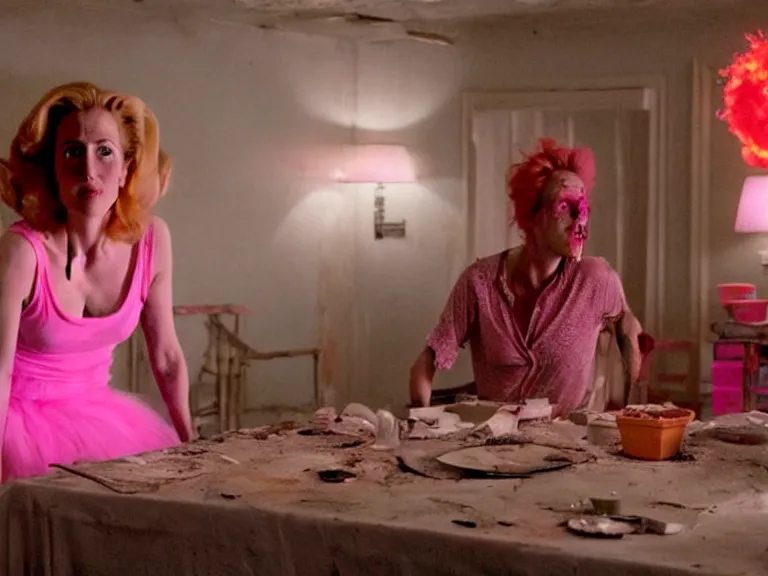 Image similar to a scene from a quirky, bright and cheerful post - apocalyptic movie, starring gillian anderson that fights the dread of the end of the world by decorating the scorched remains of the midwestern town she lives in with kitchy party decorations in shades of pink, orange and silver by director wes andersson and, blue - ray screenshot, filmed by roger deakins