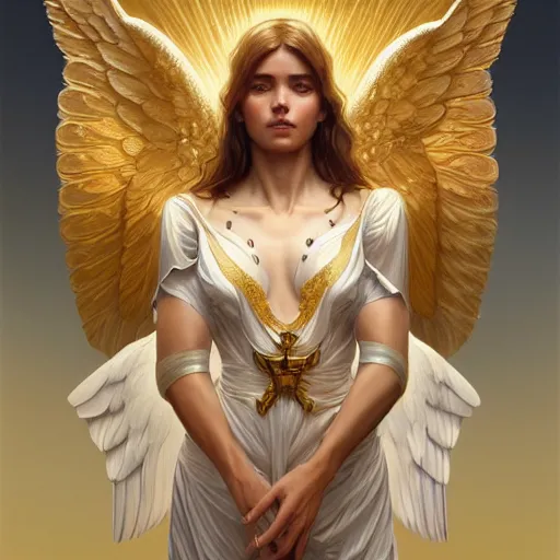 Prompt: wide angle full body portrait of an angel with a perfect face and perfect body, golden wings, intricate, highly detailed, digital painting, artstation, concept art, smooth, sharp focus, illustration, Unreal Engine 5, 8K, art by artgerm and greg rutkowski and alphonse mucha