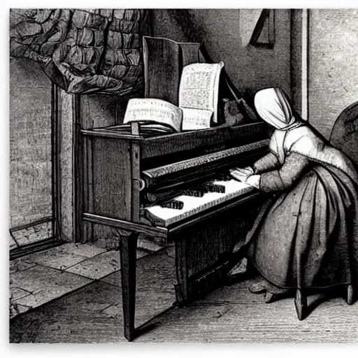 Image similar to old painting old piano, dot art, crosshatch, by pieter bruegel the elder