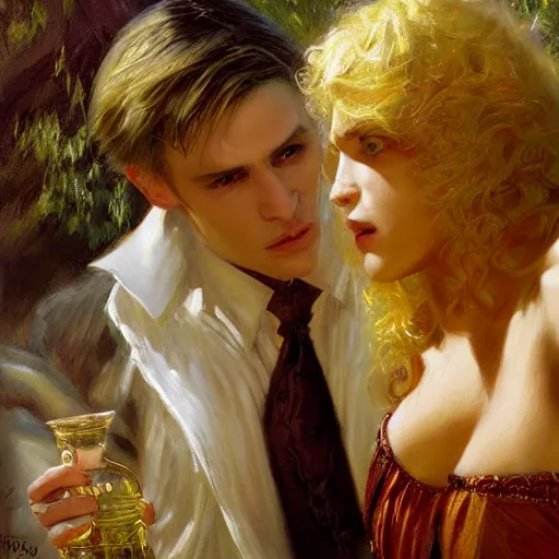 Image similar to attractive male arthur pendragon who has blond hair confesses his love to attractive male dracula. highly detailed painting by gaston bussiere, craig mullins, j. c. leyendecker 8 k