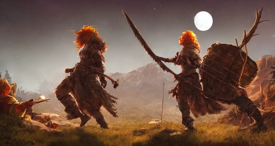 Image similar to an epic fantasy adventurer's camp with a hide tent at night with a full moon, a single adventurer with red hair playing an instrument, 4 k, extremely detailed. award winning, trending on artstation, 8 k, ultra wide angle