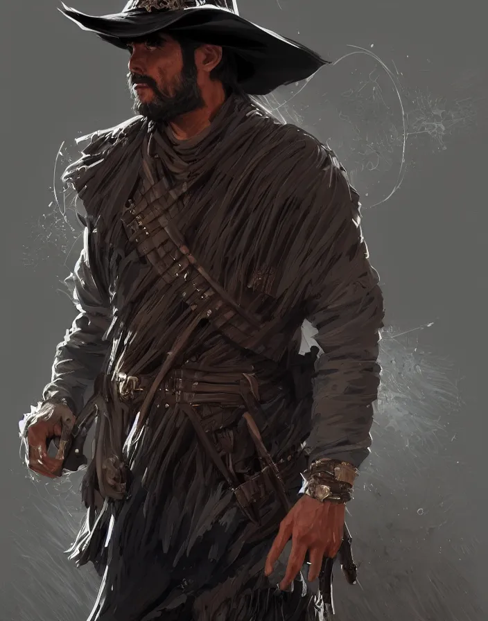 Image similar to misterious gaucho bandido commander, shady look, a raggy long poncho, magic the gathering, ready to shoot, intricate, highly detailed, digital painting, artstation, concept art, sharp focus, illustration, geometric dripped ink background, art by Artgerm, Grafit Studio, and Greg Rutkowski and Craig Mullins