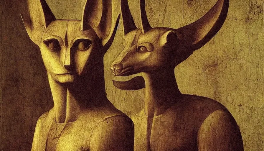 Prompt: anubis by leonardo da vinci, oil painting, classical painting, digital art, vivid colors, romanticism, sharp focus